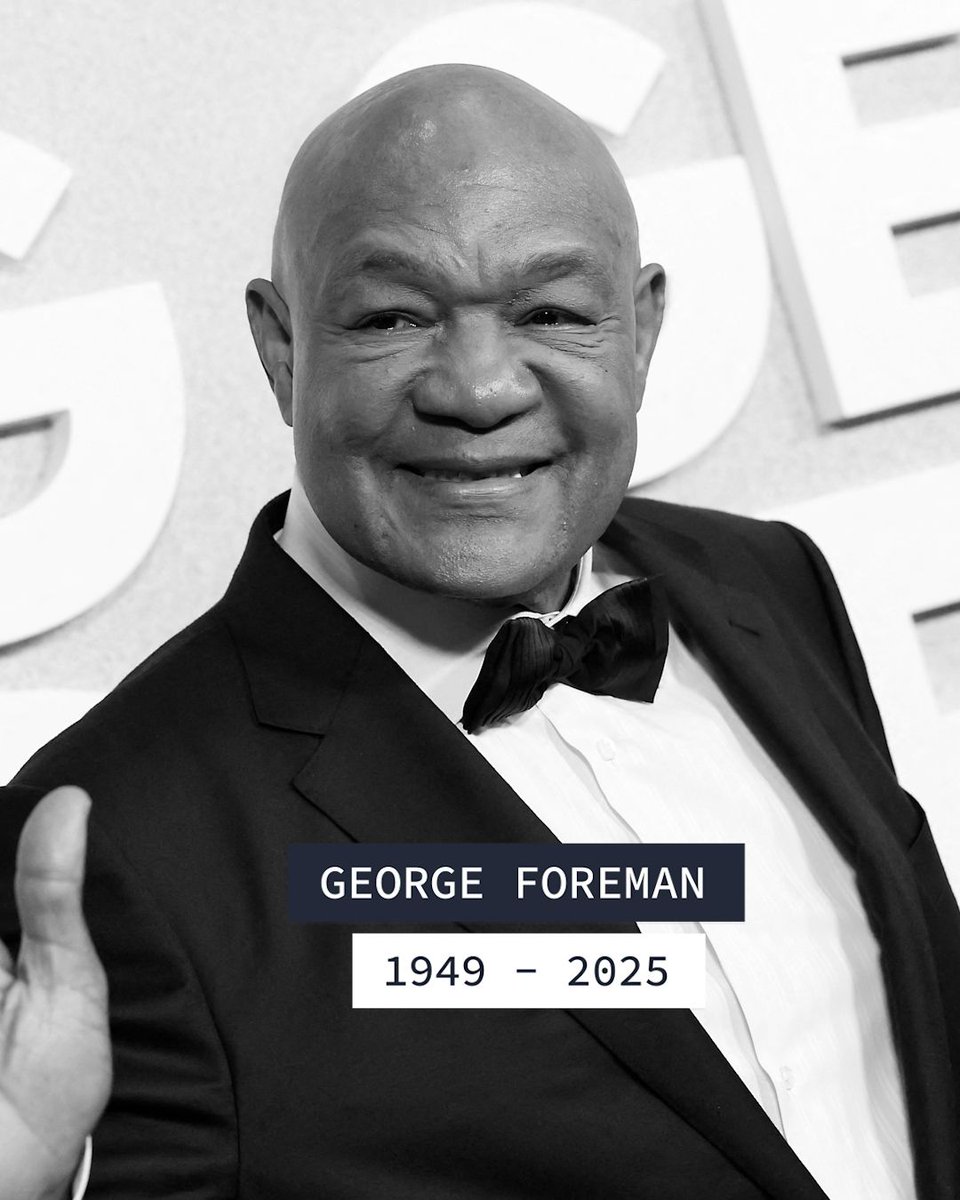 afpfr's tweet photo. ⚫  Le boxeur George Foreman, légende des poids lourds, est mort à 76 ans, a annoncé sa famille. L'américain était entré dans l'histoire après sa défaite contre Mohamed Ali lors d'un combat mythique en 1974 #AFP https://t.co/1KzRV6kKYc