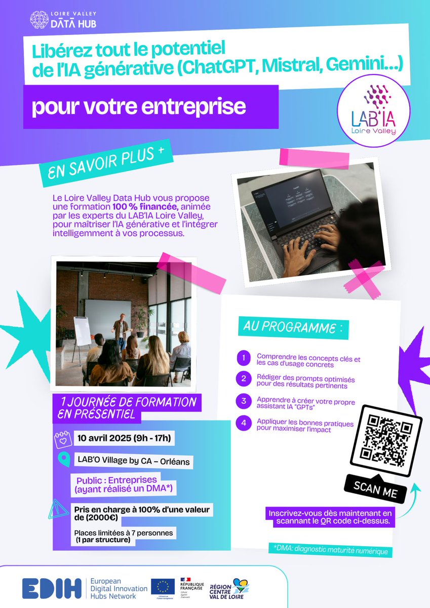 🚀 Libérez le potentiel de l’#IA générative pour votre entreprise ! 
Formation 100 % financée par le LAB'IA Loire Valley le 10 avril à Orléans. Places limitées !
🎯 Explorer les “GPTs” et créer votre propre assistant IA
 🔗 Inscription : devup.pro/edih/formation…