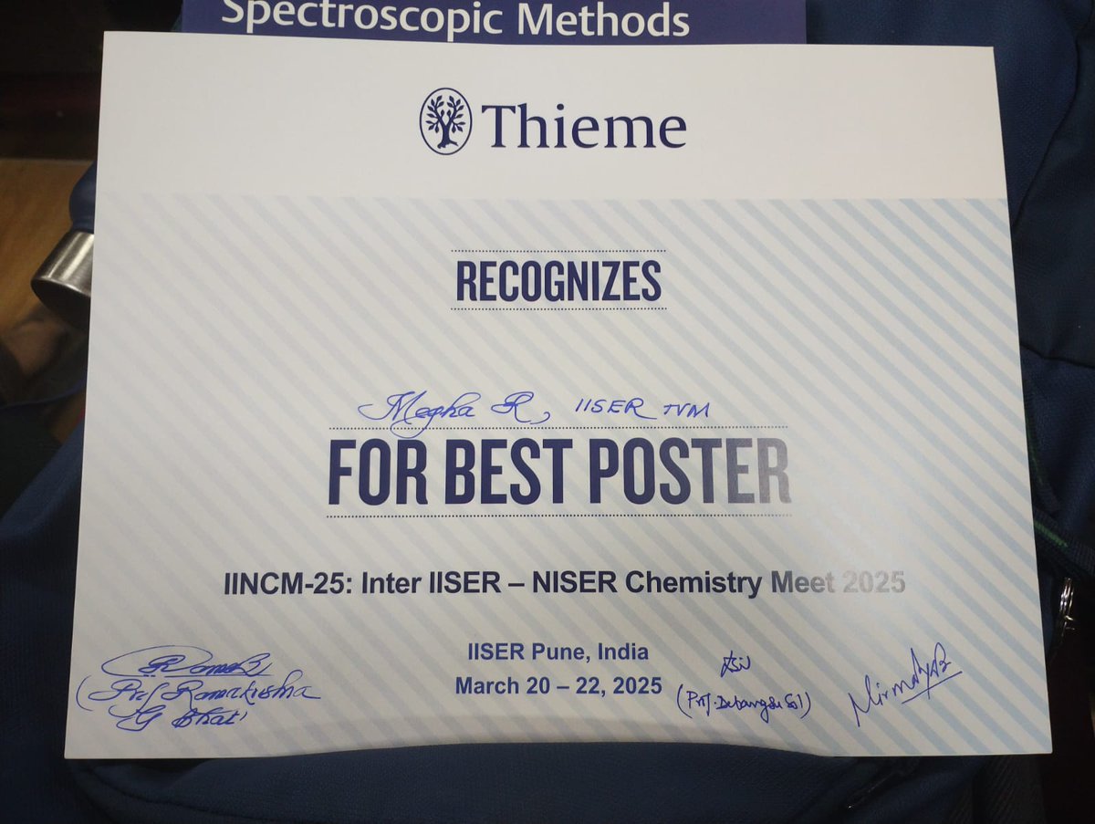 School of Chemistry IISER TVM (@chemie_iisertvm) on Twitter photo Megha R, PhD student of Prof. Swathi’s group, received the best poster award at the Inter IISER-NISER Chemistry Meet held at IISER Pune.
<a href="/SwathiRS_Group/">Swathi's Multiscale Modeling & Computational Group</a> <a href="/tvmiiser/">IISER Thiruvananthapuram</a> <a href="/IISERPune/">IISER Pune</a> Megha R, PhD student of Prof. Swathi’s group, received the best poster award at the Inter IISER-NISER Chemistry Meet held at IISER Pune.
<a href="/SwathiRS_Group/">Swathi's Multiscale Modeling & Computational Group</a> <a href="/tvmiiser/">IISER Thiruvananthapuram</a> <a href="/IISERPune/">IISER Pune</a>