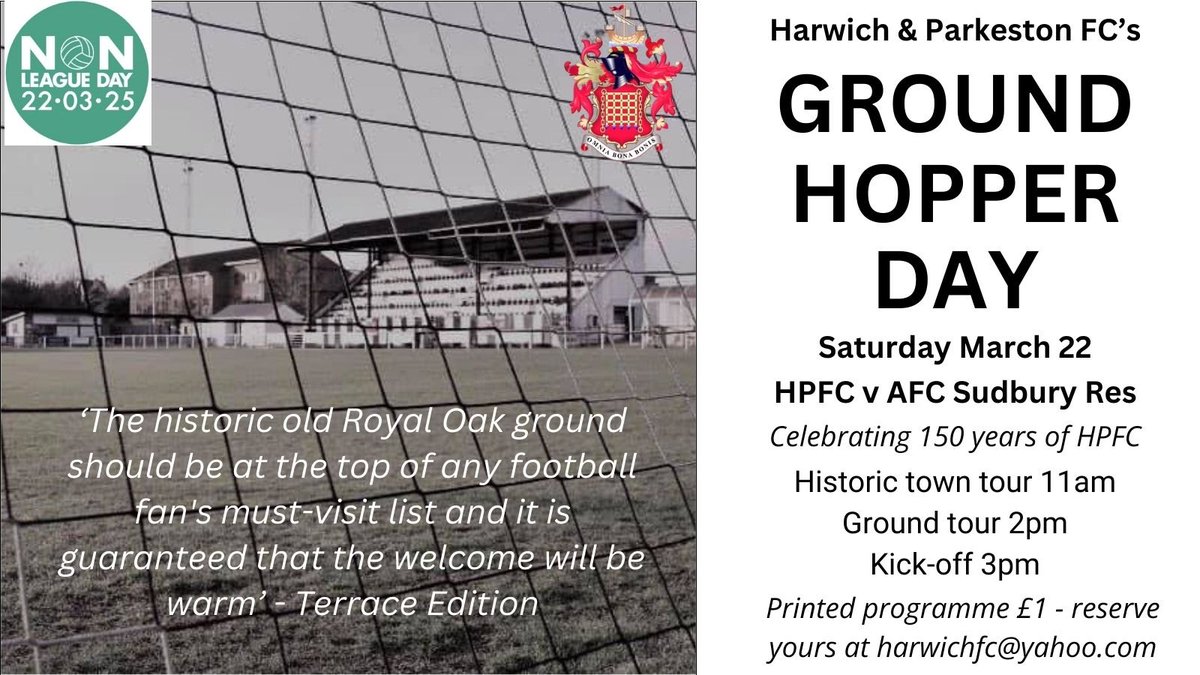 HPFChistory's tweet photo. 🧵 #HPFCGroundhopperDay has arrived!

🤪 With no Premier League or Championship games and #ColU away, here’s a quick rundown of what’s happening at @OfficialHarwich today… https://t.co/wps1u25oyo