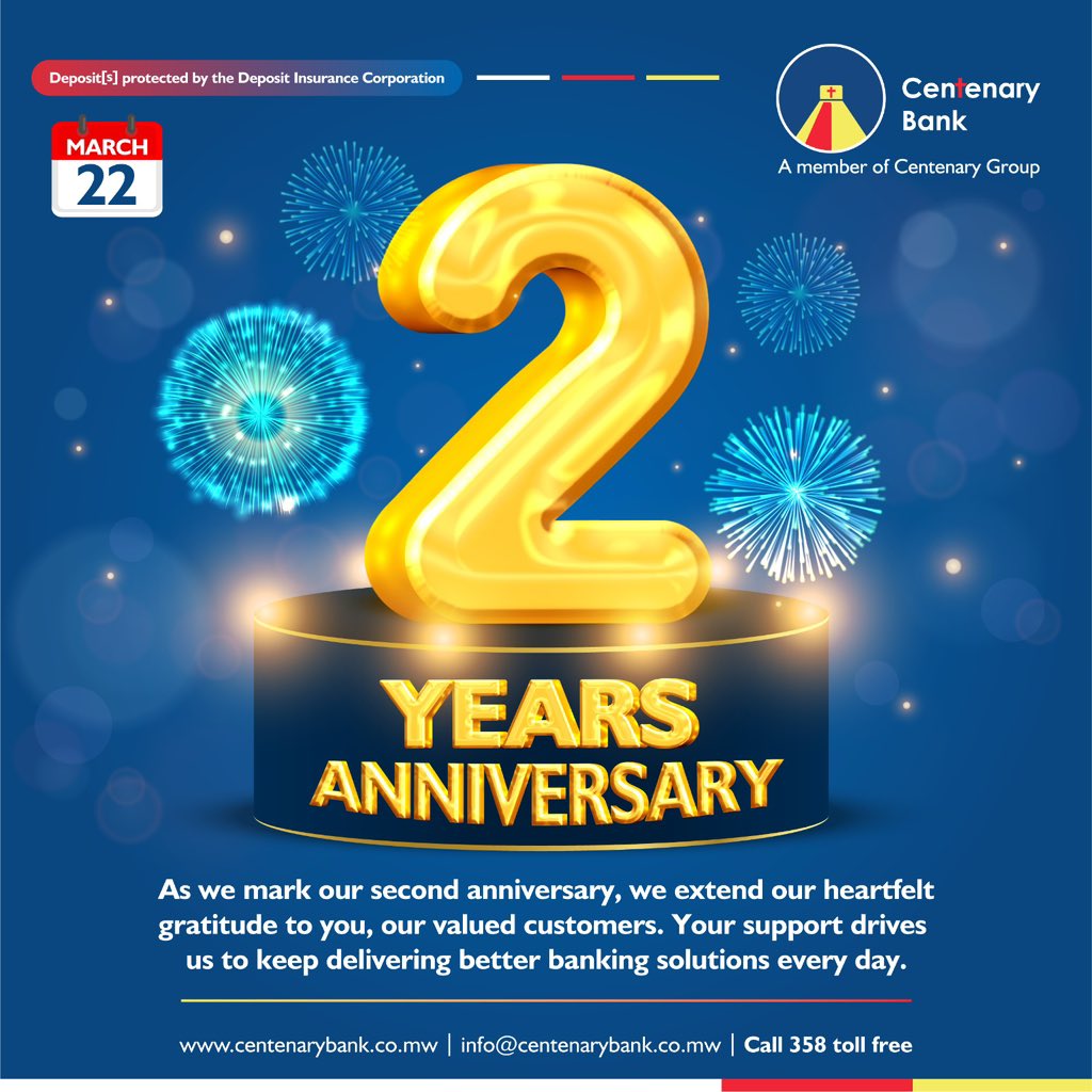 Centenary Group (@centenarygroup) on Twitter photo Congratulations to <a href="/CentenaryBank/">Centenary Bank</a> on reaching its 2-year milestone!
Your dedication to financial inclusion and innovation continues to make a lasting impact.
Here’s to more growth, prosperity, and service to the awesome people of Malawi! Congratulations to <a href="/CentenaryBank/">Centenary Bank</a> on reaching its 2-year milestone!
Your dedication to financial inclusion and innovation continues to make a lasting impact.
Here’s to more growth, prosperity, and service to the awesome people of Malawi!