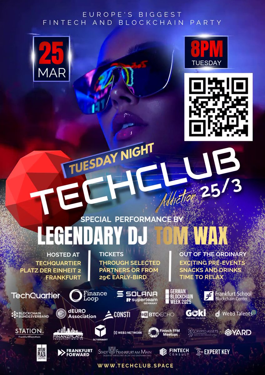 Finance Loop - Alliance for on-chain finance (@finance_loop) on Twitter photo Join Europe's biggest fintech and blockchain afterwork party in Frankfurt on Tuesday night. Legendary DJ Tom Wax (confirmed) will perform. Elite networking with all drinks and snacks included.
We'll see us in Frankfurt!
lu.ma/mgc8n147 🥳🤲🤡
#blockchain #web3 #crypto Join Europe's biggest fintech and blockchain afterwork party in Frankfurt on Tuesday night. Legendary DJ Tom Wax (confirmed) will perform. Elite networking with all drinks and snacks included.
We'll see us in Frankfurt!
lu.ma/mgc8n147 🥳🤲🤡
#blockchain #web3 #crypto