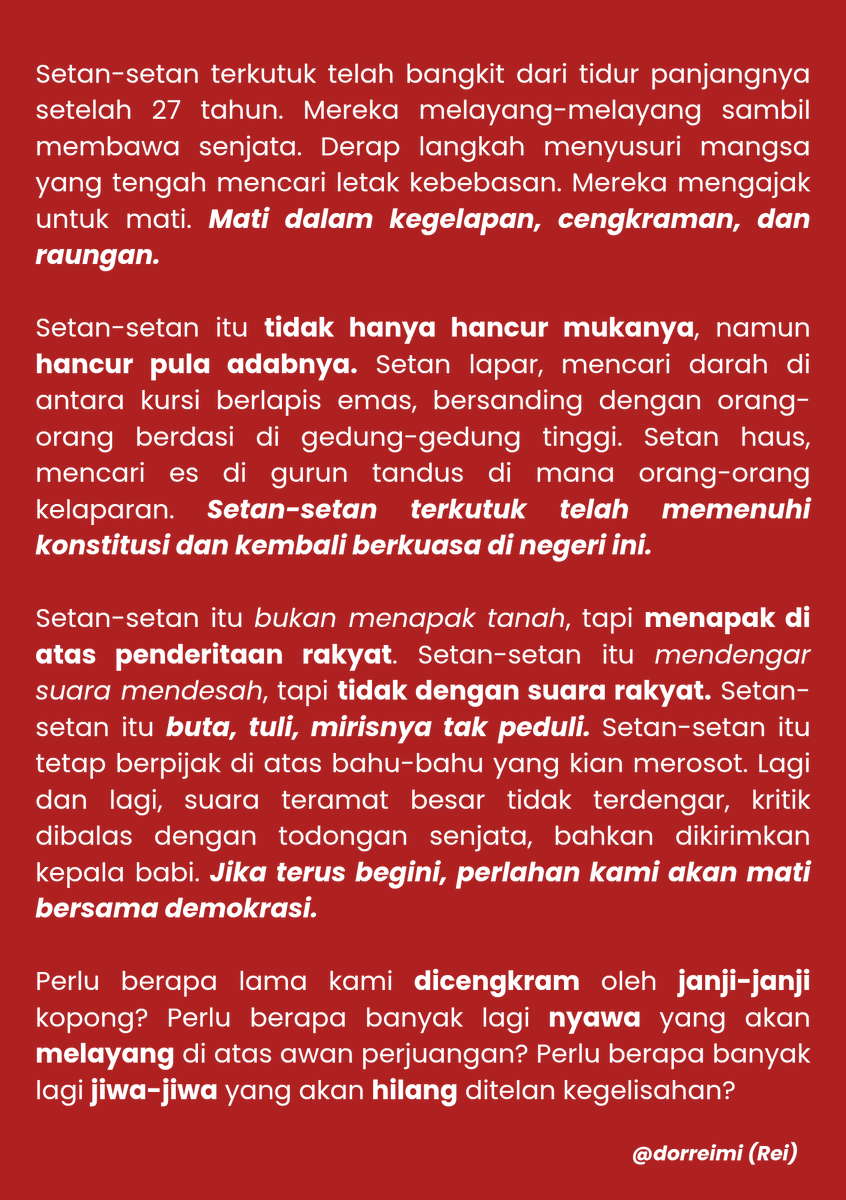 dorreimi's tweet photo. Sebetulnya, antek-antek berseragam di negeri ini lebih setan daripada setan itu sendiri.

#TolakRUUTNI #TolakRevisiUUTNI
#TolakDwifungsiABRI #TolakRUUPolri 
#TolakRUUKejaksaan #IndonesiaGelap #PeringatanDarurat #ArtistBersuara https://t.co/MZ4rrTcAhy