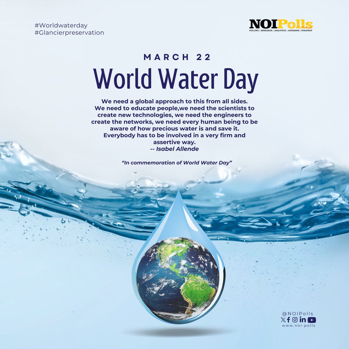NOIPolls's tweet image. Thousands have lived without love, not one without water. 

Reducing  greenhouse gas emissions and manage meltwater more sustainably for people and the planet is the way to go.  
It’s World Water Day! 💧