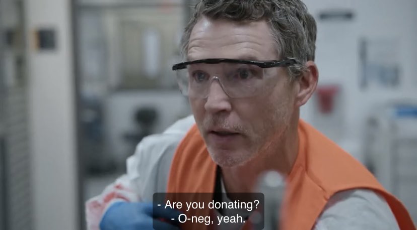 sloansavery's tweet photo. abbot working on patients while donating blood with the bag strapped to his leg i’m obsessed unhinged doctor characters we love you #thepitt https://t.co/olIquQDkxP