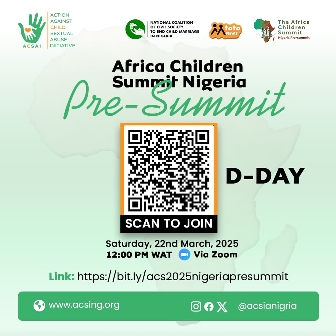 acsainigeria (@acsainigeria) on Twitter photo D-DAY IS HERE!
Join us for the Africa Children Summit Nigeria Pre-Summit happening TODAY, March 22nd, 2025, at 12:00 PM WAT đź•›
Virtual Event on Zoom
Click here to join: lnkd.in/dMaj3_-t
📲 Or scan the QR code on the flyer!
<a href="/MtotoNews/">Mtoto News</a>
#ACSNigeriaPreSummit D-DAY IS HERE!
Join us for the Africa Children Summit Nigeria Pre-Summit happening TODAY, March 22nd, 2025, at 12:00 PM WAT đź•›
Virtual Event on Zoom
Click here to join: lnkd.in/dMaj3_-t
📲 Or scan the QR code on the flyer!
<a href="/MtotoNews/">Mtoto News</a>
#ACSNigeriaPreSummit