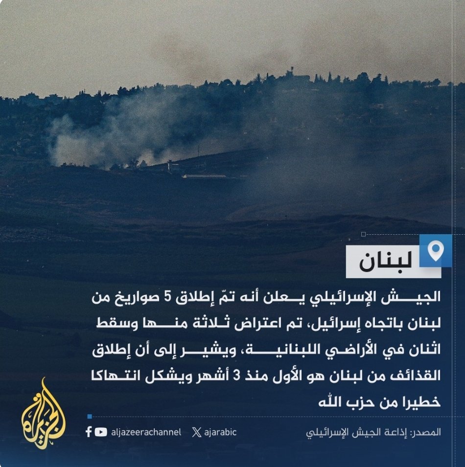 بعد اطلاق ٥ صواريخ من لبنان في اتجاه اسرائيل ، يتطلب من الحكومة عدم المماطلة في تنفيذ القرارات الدولية و ذلك عبر وضع برنامج زمني لتسليم السلاح وحصره بالدولة اللبنانية. هل عدنا الى اسناد غزة من جديد ، الا تكفي الاثمان التي دفعت . كفى مماطلة ومراوغة  فلنسحب ذريعة عودة الحرب من جديد