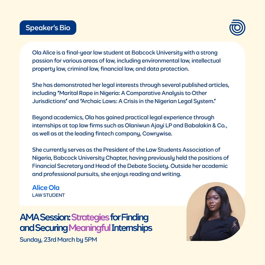 justaliceola's tweet photo. Discussing everything law students need to know about internships tomorrow.  

Register here to secure your spot: https://t.co/SdqvDXGHNR https://t.co/lEhM0SfQ2L