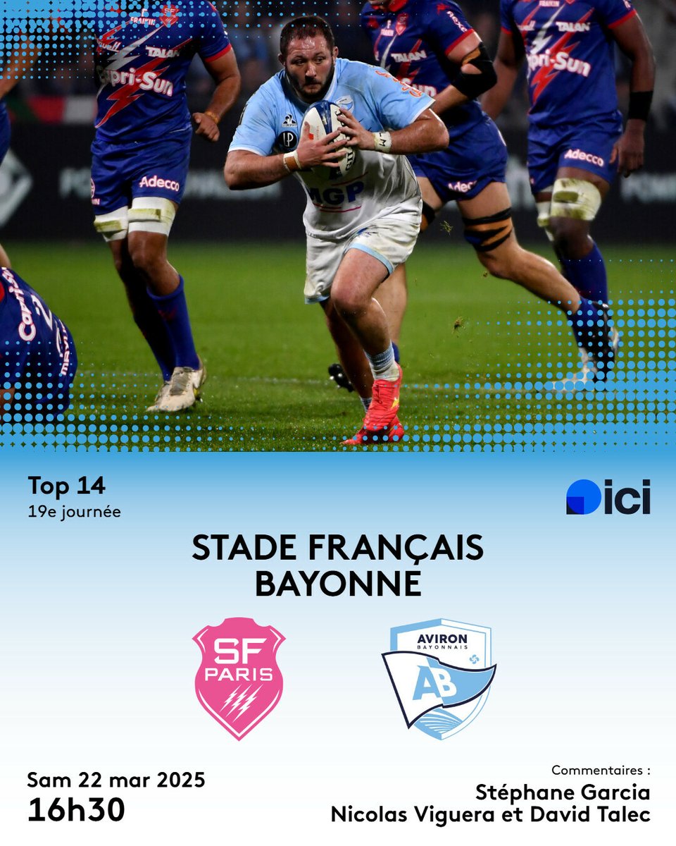 💥 𝗝𝗢𝗨𝗥 𝗗𝗘 𝗠𝗔𝗧𝗖𝗛 𝗮𝘃𝗲𝗰 "𝗶𝗰𝗶 𝗣𝗮𝘆𝘀 𝗕𝗮𝘀𝗾𝘂𝗲" 🏉

Stade Français 🆚 𝗔𝘃𝗶𝗿𝗼𝗻 𝗕𝗮𝘆𝗼𝗻𝗻𝗮𝗶𝘀
🏆 Top 14
🗓️ J19
📍 stade Jean Bouin
🕑 16h30
🎙️ <a href="/StephaneGrcia/">Stéphaηe Garcia 🎙️</a>, Nicolas Viguera et <a href="/MrLec/">Mr D. Lec</a>

#teamAB | #top14 | #SFPAB | #iciSport