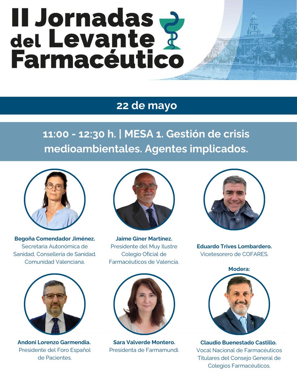 💊🌍En la Mesa 1 de las #JornadasLevanteFarmacéutico analizamos cómo se gestionó esta tragedia y las claves para futuras crisis. 📅 22 de mayo | 11:00 h. Inscríbete 👉 jornadaslevantefarmaceutico.com/registro 
<a href="/GVAsanitat/">GVA Sanitat</a> <a href="/JAIMEGINERMARTI/">JAIME GINER MARTINEZ</a> <a href="/TrivesEduardo/">Eduardo Trives</a> <a href="/fep_pacientes/">Foro Español de Pacientes</a> <a href="/farmamundi/">FARMAMUNDI</a> <a href="/Farmaceuticos_/">Consejo General Colegios Farmacéuticos</a>