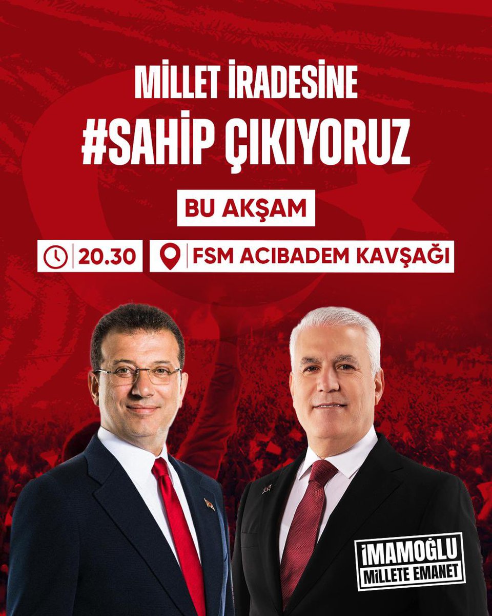 Millet iradesine sahip çıkmak için saat 20.30’da FSM Acıbadem Kavşağı’nda buluşuyoruz.