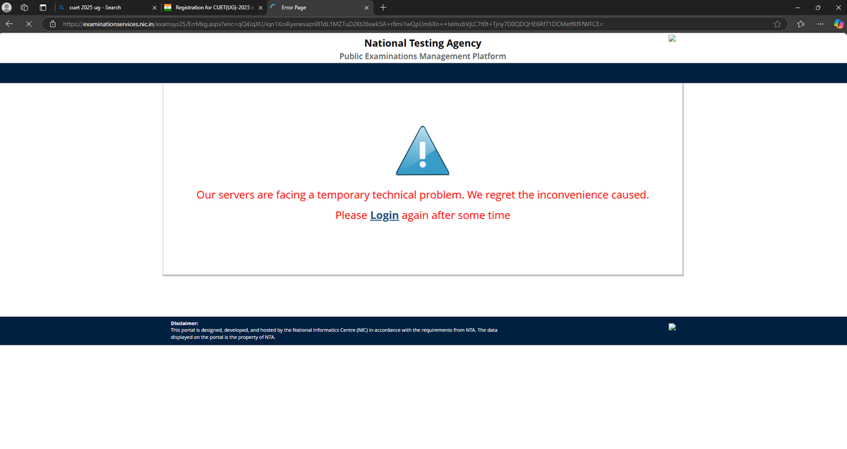 Amit1525_27's tweet photo. most frustrating thing I am experiencing from last 2 days. today is last submission for cuet UG 2025 registration, and my application hasn't yet submitted. Reason this  govt. website keep crashing. I have logged in appx. 50 times.
@NTA_Exams @EduMinOfIndia https://t.co/Mk1o7KCYZ9