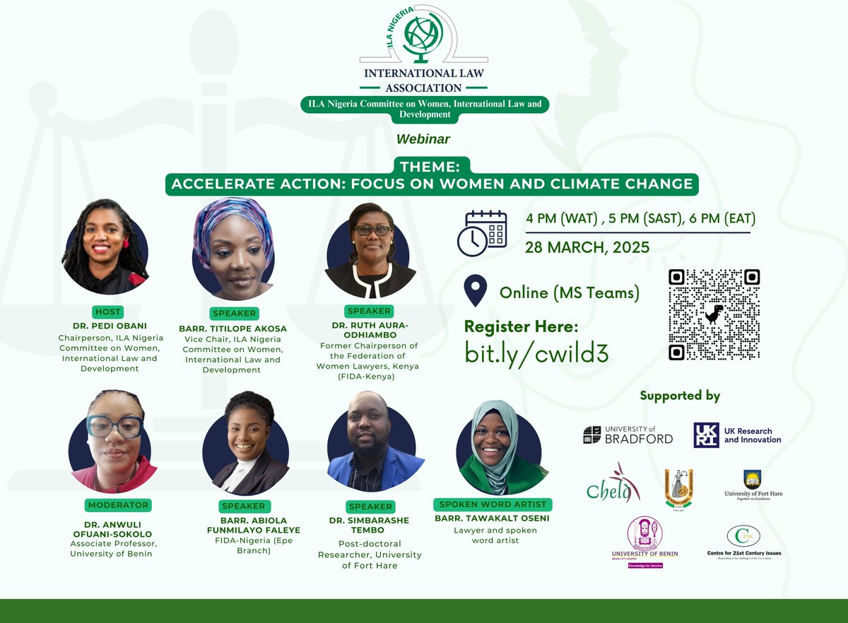 Committee on Women, Int'l Law & Development ILA-NG (@weildcmte_ilang) on Twitter photo 📣Do you want to #AccelerateAction on climate change? This webinar is for YOU🫵 
Join us as we explore gender-responsive approaches to climate justice. 
🗒️Accelerate Action: Focus on Women and Climate Change
🗓️28 March
🕙4 pm WAT, 5 pm SAST, 6 pm EAT
🔗bit.ly/cwild3 📣Do you want to #AccelerateAction on climate change? This webinar is for YOU🫵 
Join us as we explore gender-responsive approaches to climate justice. 
🗒️Accelerate Action: Focus on Women and Climate Change
🗓️28 March
🕙4 pm WAT, 5 pm SAST, 6 pm EAT
🔗bit.ly/cwild3
