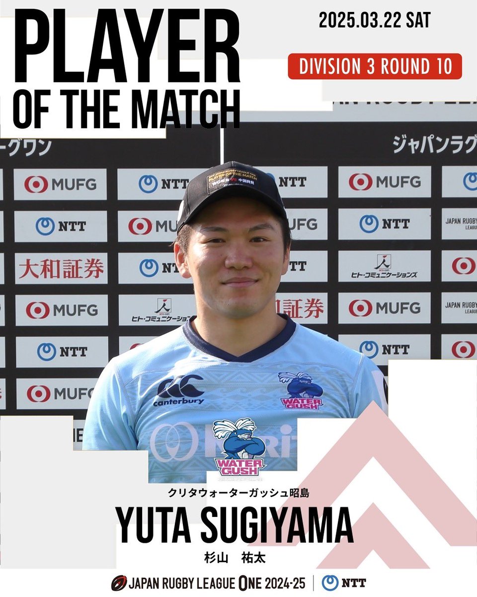 LeagueOne_JP's tweet image. NTTジャパンラグビー リーグワン2024-25🏉
【D3第10節】3月22日（土）のPOTM🧢

リーグワンでは各試合で最も活躍した選手がプレーヤー・オブ・ザ・マッチとして表彰されます✨

#NTTリーグワン #リーグワン #WelcomeToRugby
@RUGGUTs @kuritawatergush @mazdaskyactivs