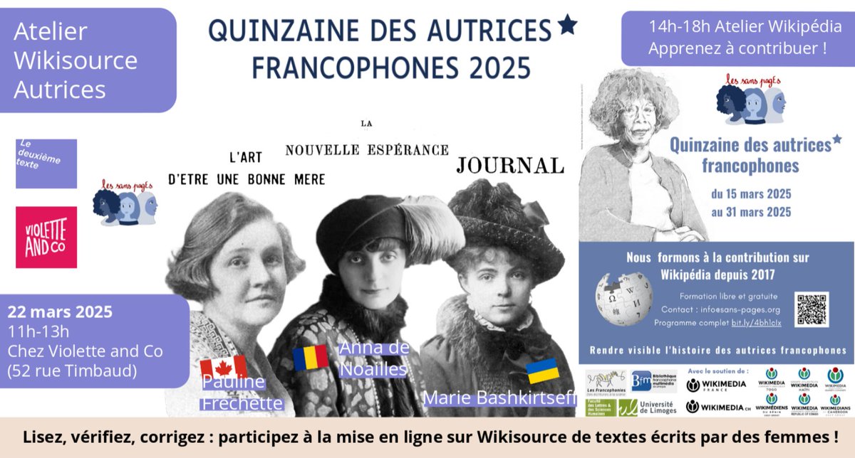 Aujourd'hui, deux ateliers à la librairie Violette and Co à Paris pour la quinzaine des autrices* francophones 2025 : 
➡️Wikisource Autrices ce matin de 11h à 13h (fr.wikisource.org/wiki/Wikisourc…)
➡️Wikipédia cet après-midi de 14h à 18h (fr.wikipedia.org/wiki/Projet:Le…) !