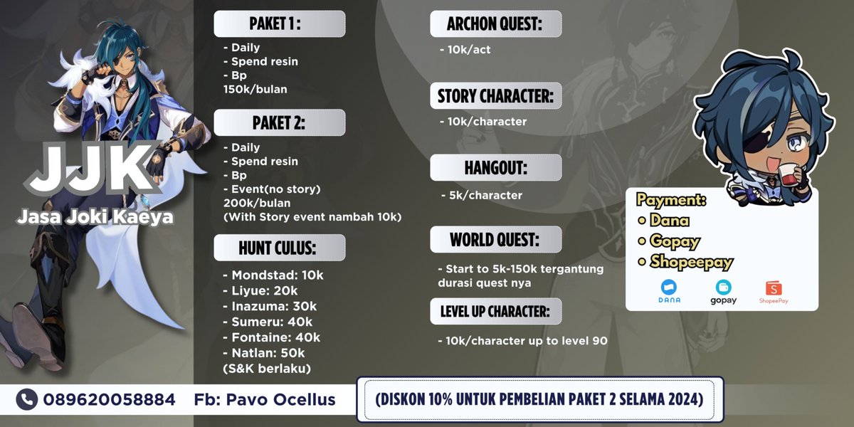 Ryan_Kaztra's tweet photo. Hallo kak, aku buka jasa joki 
Dijamin amanah, sejauh ini cuma buka di FB aja dan buka untuk teman terdekat 
Kali ini memberanikan diri buka disini, maaf pakai katalog lama 

#jokigenshinimpact
#GenshinImpact 
#jokigame https://t.co/x5DYSK8lxS