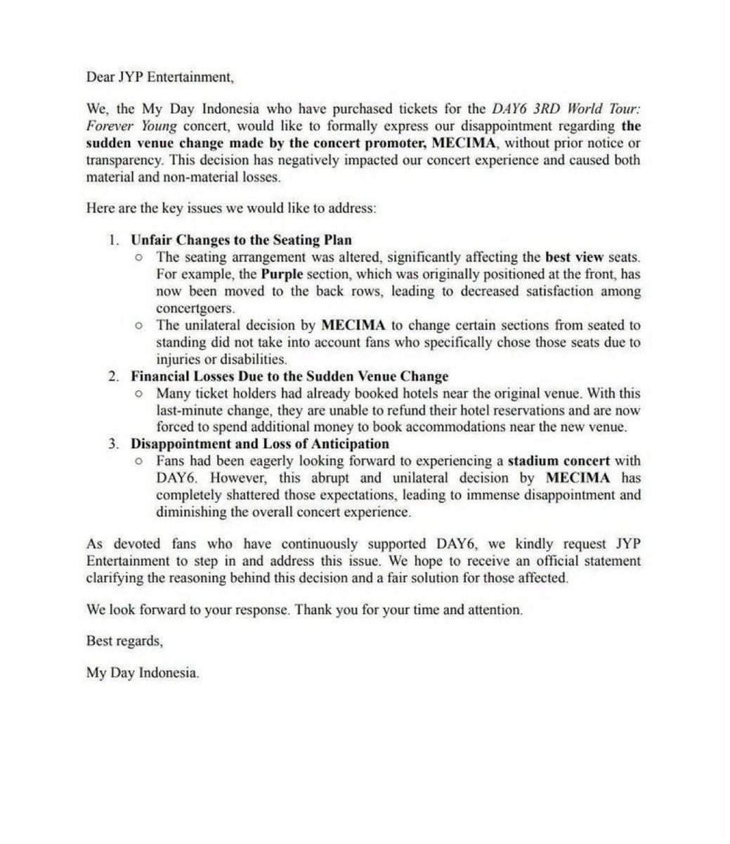 ssugarette's tweet photo. We, MyDays Indonesia demands to keep the venue concert at JIS, not GBK Madya. Or:

• Full refund for those who doesn't want to continue
• Downgrade the ticket price
• Provide additional benefits

JIS OR NOTHING ‼️

@mecimapro @jypnation @day6official

#MECIMA_RETURNTOJIS https://t.co/gGV6wI88kV