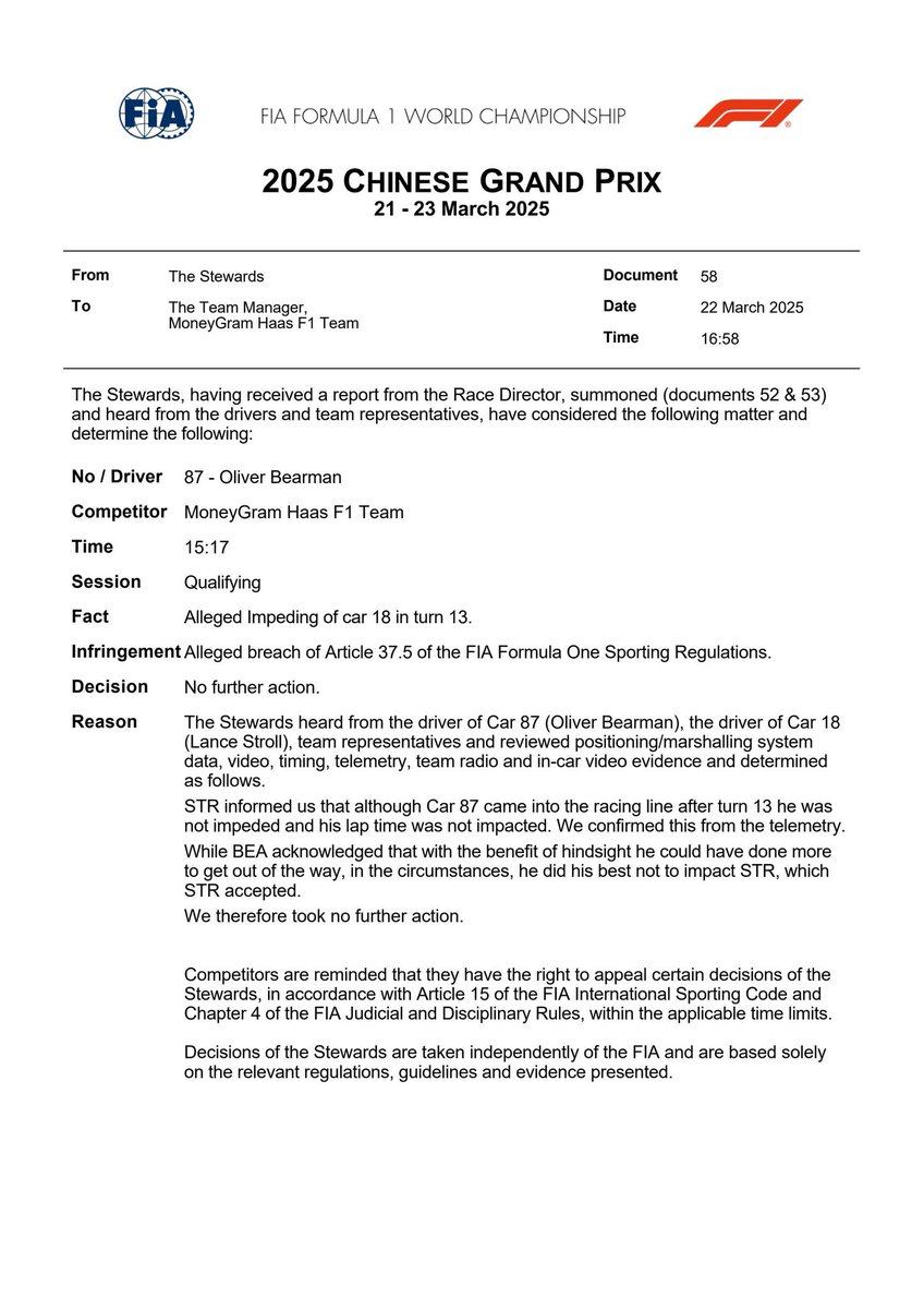 SousInvesti's tweet photo. 🚨 Pas de sanction pour Oliver Bearman après l’enquête pour avoir gêné Lance Stroll en qualifs (T13).

Les commissaires estiment que Stroll n’a pas été impacté et que Bearman a fait de son mieux pour s’écarter.

✅ Aucune action supplémentaire.
#F1 #ChineseGP https://t.co/F2jGTiFpmy