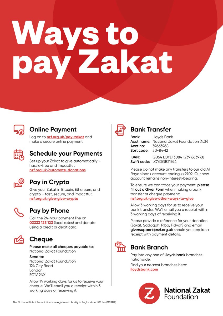 💷 Multiple ways to pay your Zakat – quick, secure &amp; impactful! 💷

Give online, by phone, bank transfer, crypto &amp; more. Your Zakat supports Muslims in need across the UK.

🔗 nzf.org.uk/pay-zakat

#Zakat #GiveLocal #NZF #UKMuslims