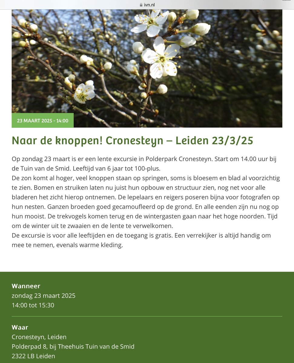 Naar de knoppen!

In een positieve betekenis.

IVN organiseert de eerste zondag in de lente een (gratis) excursie in Polderpark Cronesteyn.