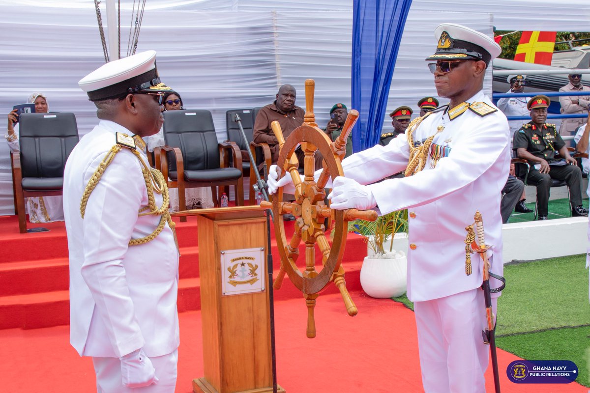 Ghana_Navy's tweet photo. Vice Admiral Issah Adam Yakubu has handed over command of  the Ghana Navy to Commodore Godwin Livinus Bessing. The colourful handing/taking over and pulling out ceremony took place at the Naval Headquarters, Burma Camp on Friday 21 March 2025. https://t.co/Ek0nedjJbz