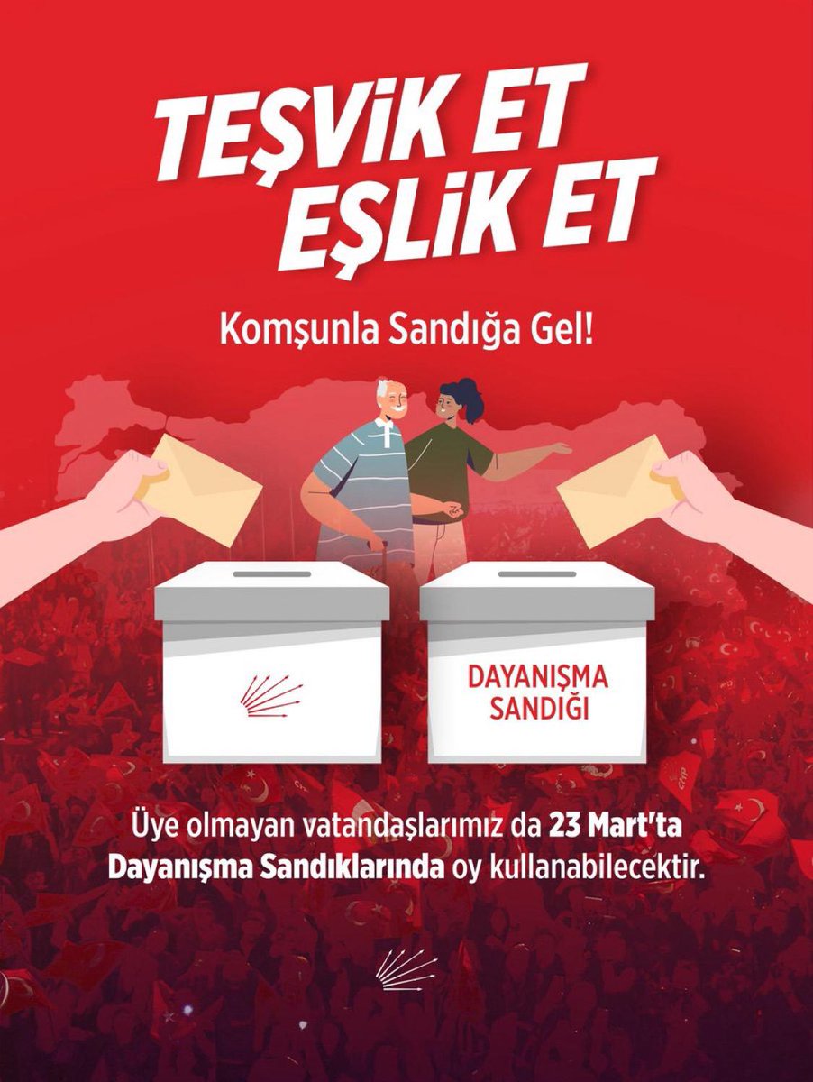Tüm partili yol arkadaşlarımı,dostlarımı,hemşehrilerimi oy kullanmaya davet ediyorum. 

23 Mart Pazar günü iki sandık kuruluyor. 

1️⃣ CHP üyelerinin oy kullanacağı sandık
2️⃣ Tüm vatandaşlarımızın oy kullanabileceği dayanışma sandığı

Demokrasiye sahip çıkmak için eşini, dostunu,