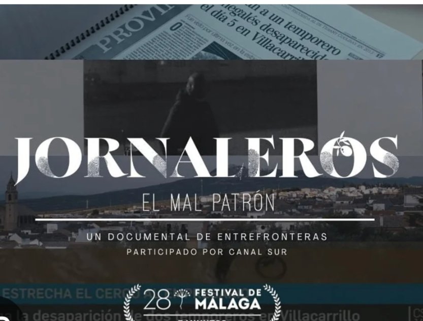 pepecampostruji's tweet photo. 🔴 'Jornaleros: el mal patrón'
🎥 dirigida por @SRodrigoruiz, se ha presentado hoy en la sección #5Minutos del #28FestivalMálaga.
Cuenta la historia de la extraña desaparición de un jornalero senegalés durante la campaña de la aceituna en Villacarrillo (Jaén).
NO TE LA PIERDAS https://t.co/LC02C12soB