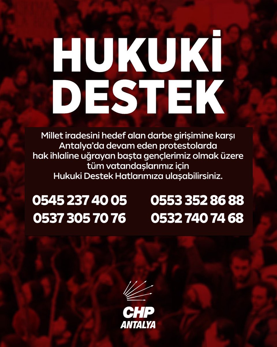 antalyachpil's tweet photo. Millet iradesini hedef alan darbe girişimine karşı Antalya’da devam eden protestolarda hak ihlaline uğrayan başta gençlerimiz olmak üzere tüm vatandaşlarımız için Hukuki Destek Hatlarımıza ulaşabilirsiniz. https://t.co/ylhzcWbPNo