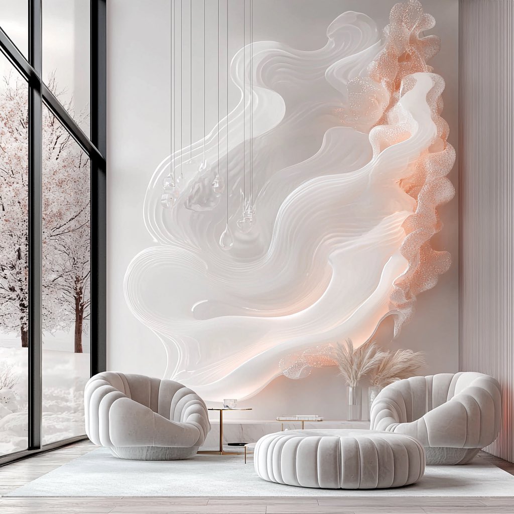 joyvelaio's tweet photo. ❄️🌸 Finding peace in this dreamy space! The soft hues and flowing wall art make this corner feel like a wintery escape. Perfect for cozying up with a good book or just soaking in the serenity. 🛋️✨ #WinterChic #InteriorDesign #CozyVibes #ModernElegance #ArtInspo #HomeSanctuary #MinimalLuxury