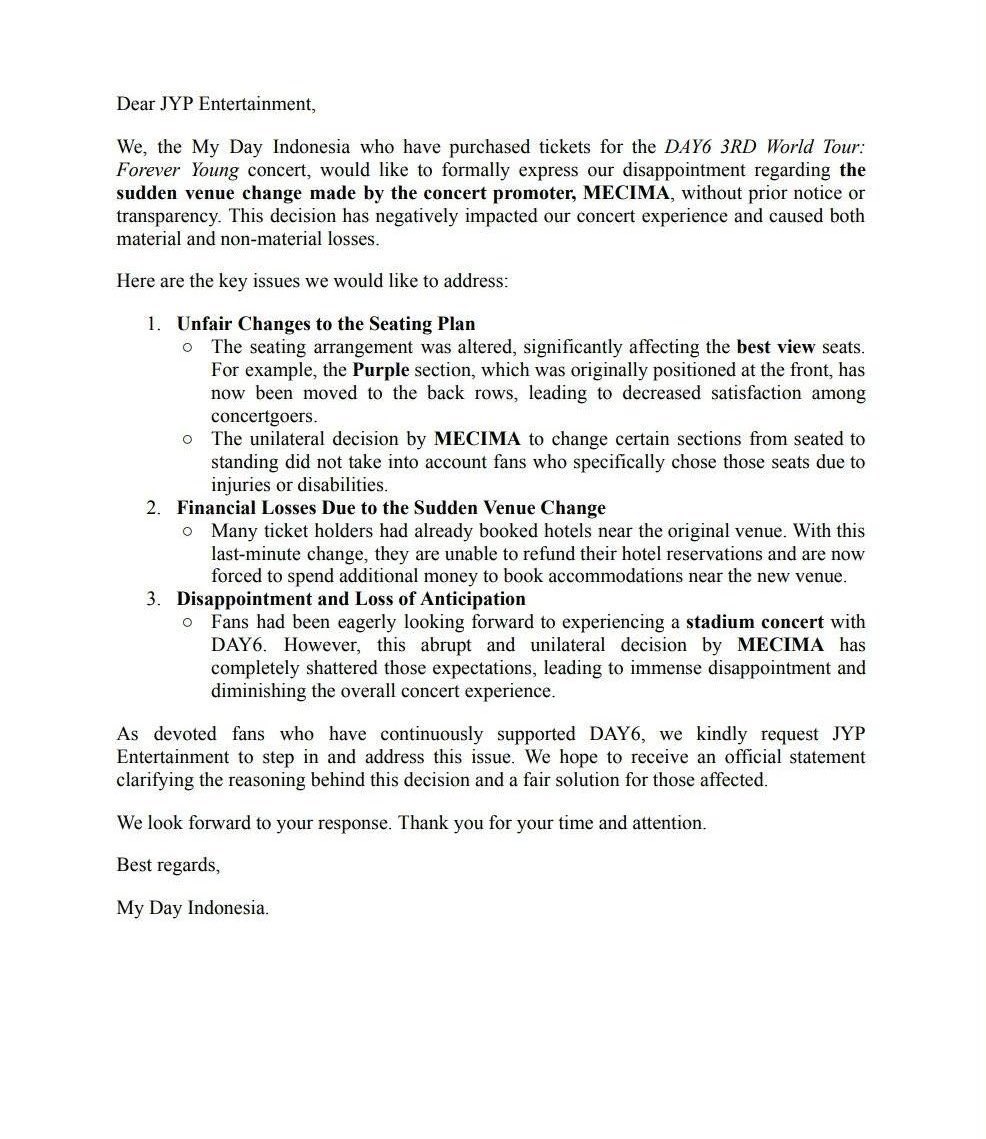 _h29pm's tweet photo. We, MyDays Indonesia demands to keep the venue concert at JIS, not GBK Madya. Or:

• Full refund for those who doesn't want to continue
• Downgrade the ticket price
• Provide additional benefits

JIS OR NOTHING ‼️

@mecimapro @jypnation @day6official

#MECIMA_RETURNTOJIS https://t.co/uqKHswvDMc