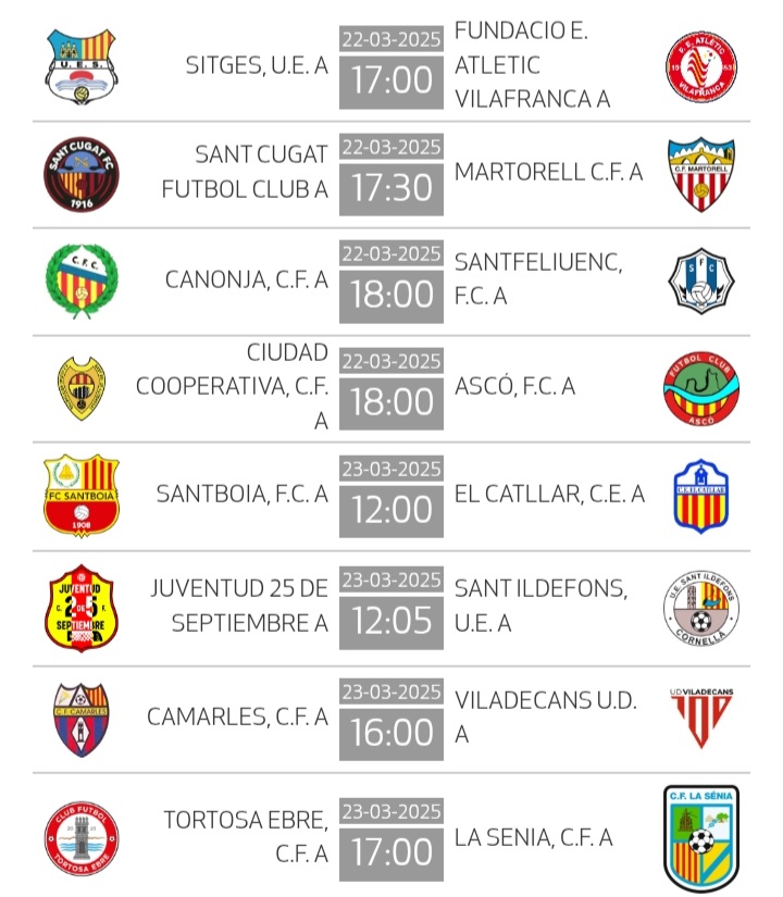 1aCatalanaG2 (@1acatalanag2) on Twitter photo Partits i horaris jornada 23 #1Cat3 a seguir líder <a href="/fcooperativa1/">C.F. Ciudad Cooperativa</a> vs <a href="/fcasco_oficial/">FC Ascó</a>,partidas a Sant Cugat <a href="/SantCugatFC/">Sant Cugat FC</a> vs <a href="/cfmartorell/">CF Martorell</a>,objectius diferents <a href="/uesitges/">U.E. Sitges</a> vs <a href="/AtleticVila/">Atlètic Vilafranca</a>,a sortir de baix <a href="/CFCamarles/">C.F Camarles</a> vs <a href="/UD_Viladecans/">UD Viladecans</a> #1aCatalanaG3 #futbolcat en estat pur 💪💪💪#fcf Partits i horaris jornada 23 #1Cat3 a seguir líder <a href="/fcooperativa1/">C.F. Ciudad Cooperativa</a> vs <a href="/fcasco_oficial/">FC Ascó</a>,partidas a Sant Cugat <a href="/SantCugatFC/">Sant Cugat FC</a> vs <a href="/cfmartorell/">CF Martorell</a>,objectius diferents <a href="/uesitges/">U.E. Sitges</a> vs <a href="/AtleticVila/">Atlètic Vilafranca</a>,a sortir de baix <a href="/CFCamarles/">C.F Camarles</a> vs <a href="/UD_Viladecans/">UD Viladecans</a> #1aCatalanaG3 #futbolcat en estat pur 💪💪💪#fcf