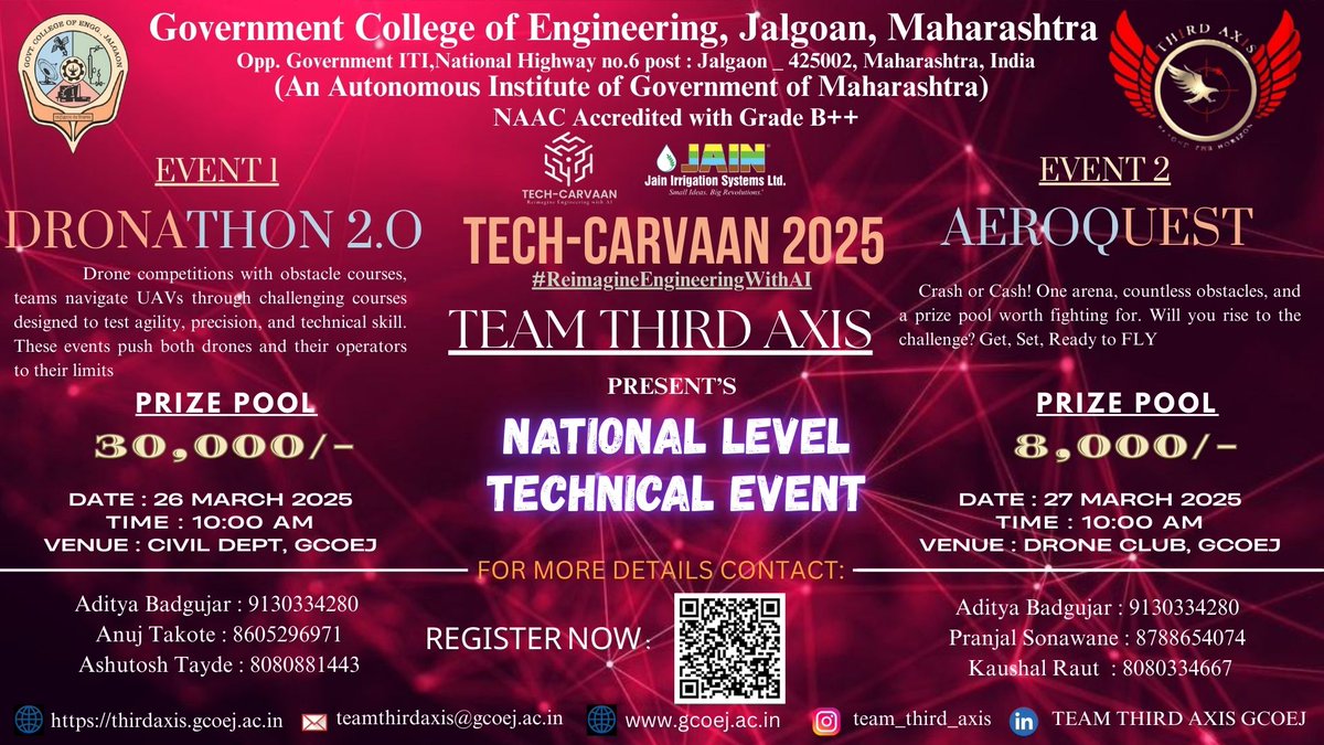 TeamThirdAxis's tweet photo. 🚀 TECH-CARVAAN 2025 | NATIONAL-LEVEL DRONE EVENTS 🚀 
🔊 *Attention Drone Enthusiasts!* Are you ready to take your piloting skills to the next level? Brace yourselves for *DRONATHON 2.0* &amp; *AEROQUEST*, the ultimate drone battles hosted by *Team Third Axis, GCOE Jalgaon*! https://t.co/jYG2WgtJ34