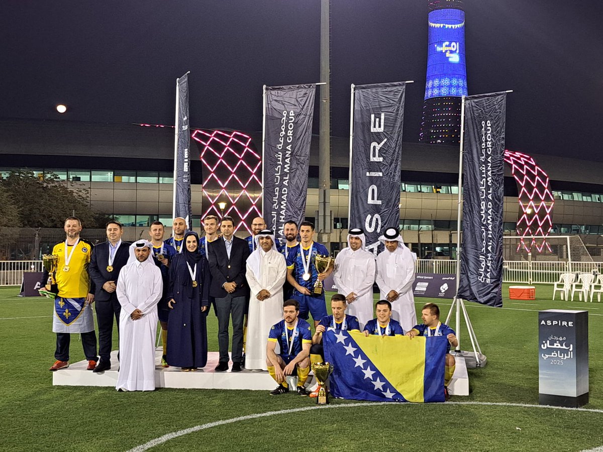 IvanaPeyovic's tweet photo. Our Embassy team 🇧🇦 won 1st place 🏅 at Aspire Embassy Football Tournament 2025. I am very proud of our 🇧🇦 players and their winning spirit here in 🇶🇦. Thank you for the amazing ⚽️ moments of being the best 🙌! https://t.co/lNTzF4i1nB