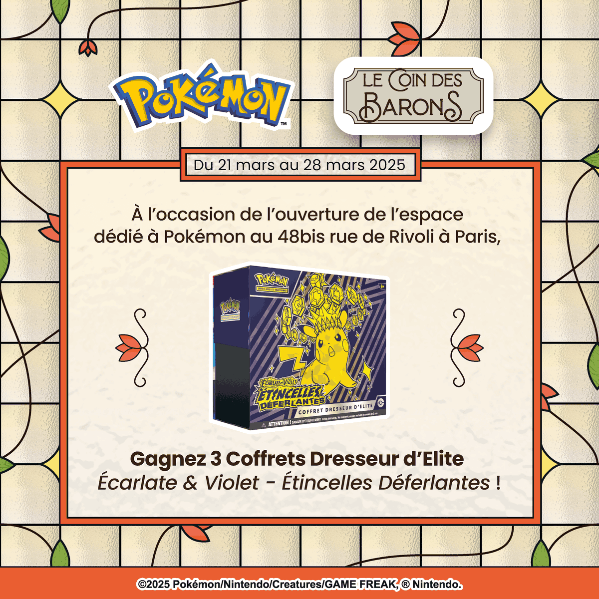 Le Coin des Barons (@coindesbarons) on Twitter photo #CONCOURS
Pour l'inauguration de l' #EspacePokemon vendredi 28 mars, tentez de remporter une ETB EV08 !
➡️RT + Follow
<a href="/Coindesbarons/">Le Coin des Barons</a>
➡️Like + commente avec le #EspacePokemon
TAS le 03/04/2025
3 gagnant(e)s
Règlement : lecoindesbarons.com/jeu-concours-i…
lecoindesbarons.com #CONCOURS
Pour l'inauguration de l' #EspacePokemon vendredi 28 mars, tentez de remporter une ETB EV08 !
➡️RT + Follow
<a href="/Coindesbarons/">Le Coin des Barons</a>
➡️Like + commente avec le #EspacePokemon
TAS le 03/04/2025
3 gagnant(e)s
Règlement : lecoindesbarons.com/jeu-concours-i…
lecoindesbarons.com