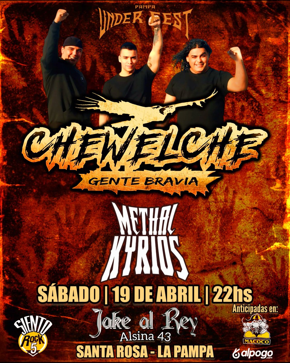 #Chewelche en VIVO en SANTA ROSA - LA PAMPA - 
📆SÁBADO 19 DE ABRIL 22HS (PUNTUAL)🤘👊
Inv:METAL KYRIOS
🎫🎟Anticipadas a $10.000 en AL POGO.COM y punto de venta👇
alpogo.com/evento/chewelc…
 MACOCO ROCK (Pellegrini esquina Quintana - Santa Rosa)
Org: Pampa Under Fest