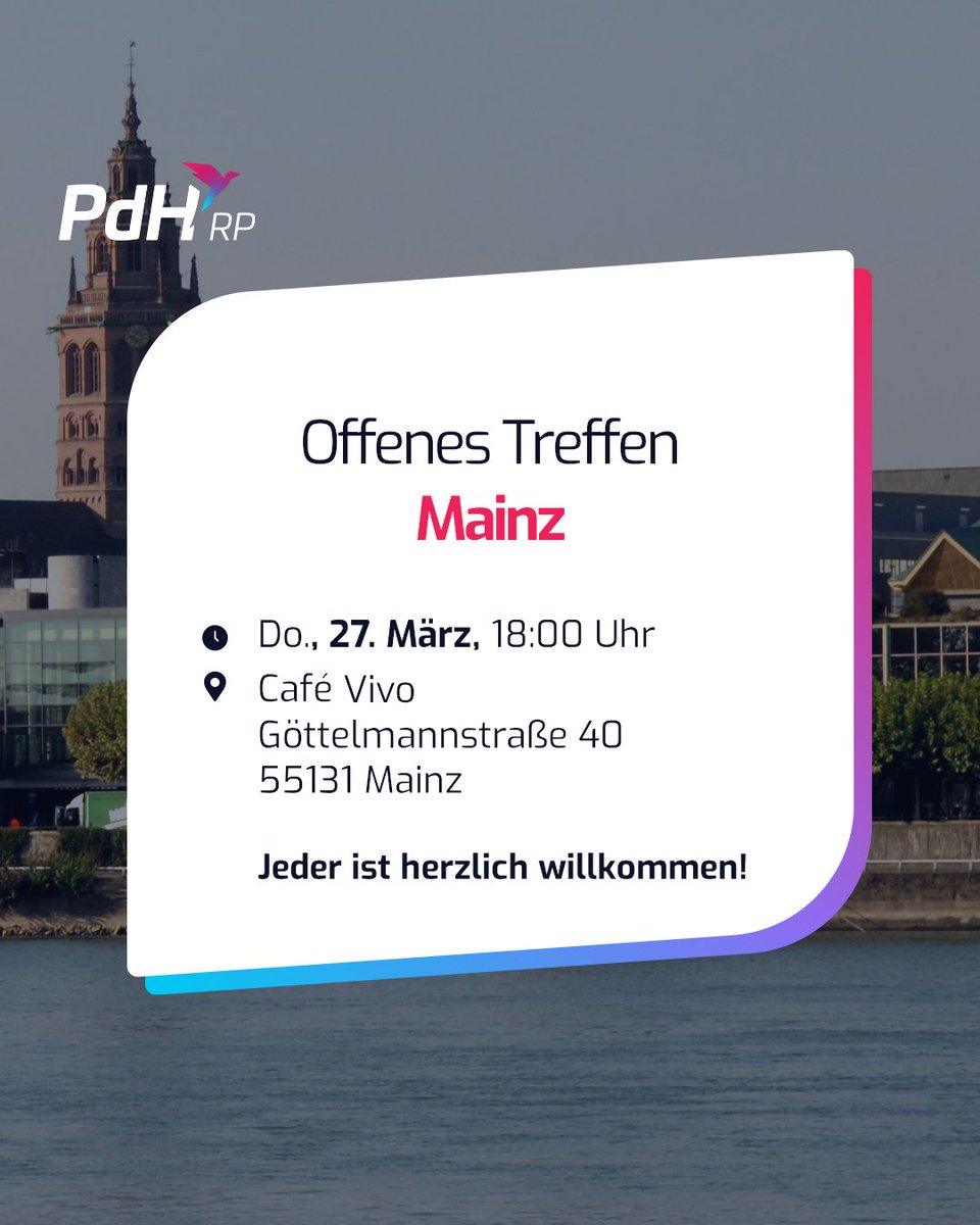 PdH_RLP's tweet photo. Wünschst du dir auch mehr persönliche #Freiheit und eine Faktenbasierte Politik? Schau doch vorbei, bei unseren offenen Treffen in #Mainz!
Wir freuen uns dich, am Donnerstag, dem 27. März um 18 Uhr im Café Vivo persönlich kennenzulernen!🤍
#pdh #rlp #diehumanisten #pdhrlp https://t.co/IM419RsxlY