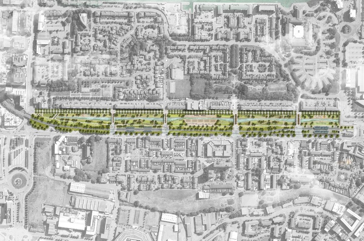 I don't remember seeing these plans for Lloyd George Avenue before - replacing the road with a 1km canal and park.

mcgregorcoxall.com/projects/cardi…