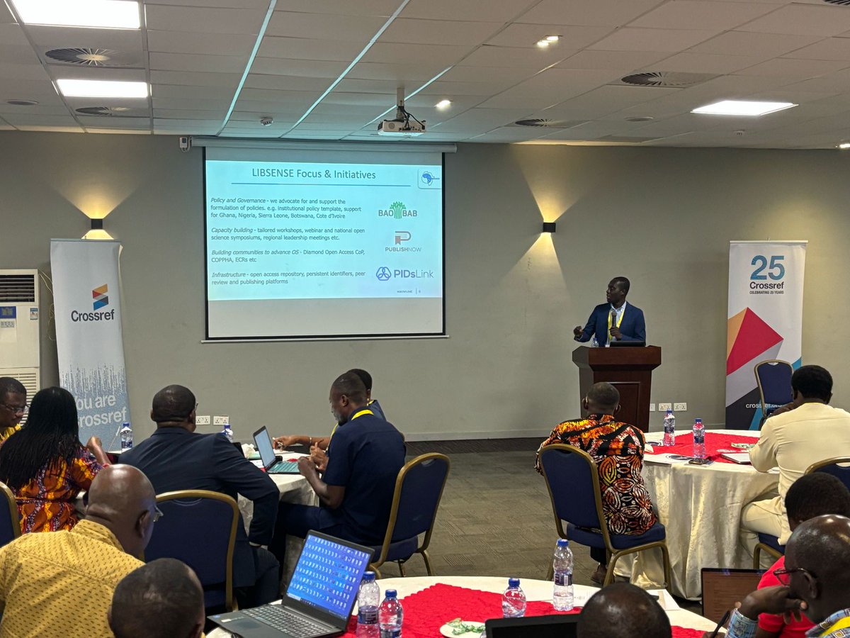 WACREN's tweet photo. This week, we joined @CrossrefOrg Accra, where @nobleeffah shared our contributions to advancing #openscience through the @LIBSENSE programme.  We talked about our #repositories, PIDs service and publishing platform. #BAOBAB #PIDsLink #PublishNow.  See more about our services on the LIBSENSE new website - https://t.co/ZODDwL2w5Z. Watch out for the 'PIDs Clinic' 🤗 at #WACREN2025 in 🇸🇳-  Register now https://t.co/8z8mhewF77.