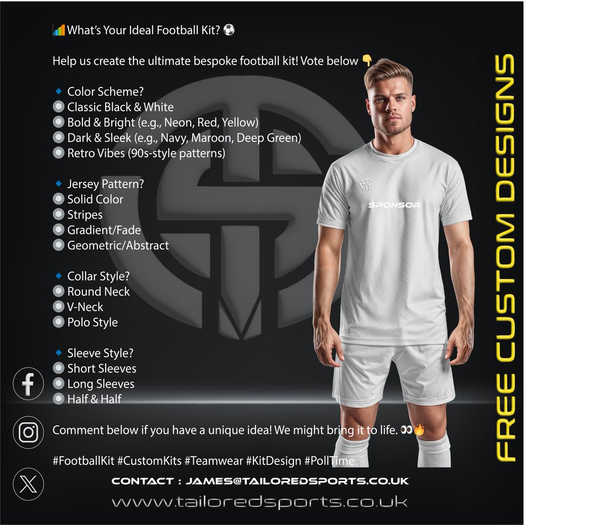 🔥 Attention Kit Men &amp; Club Chairmen! 🔥

Looking for high-quality, custom teamwear that makes your squad stand out? We’ve got you covered!

#Teamwear #FootballKits #CustomSportswear #GrassrootsFootball #FootballChairman #KitMan #Sportswear #ClubGear #MatchDay #FootballLife