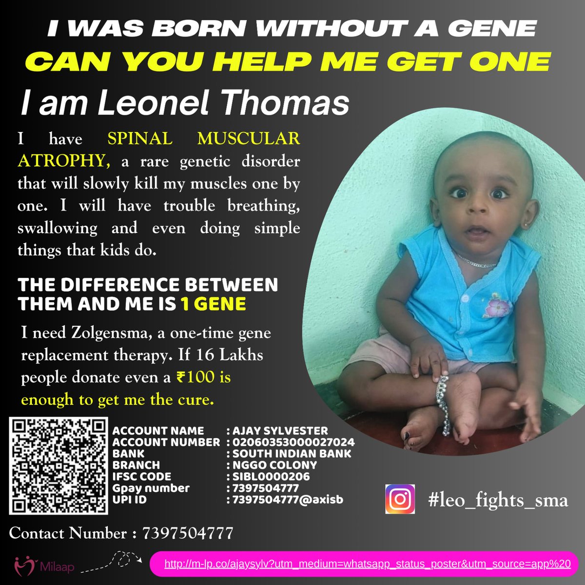 #Leo #saveleo

Please find medical documents attached for verification. You can also follow Leonel’s journey here:
📌 Instagram: <a href="/leo_fights_sma/">Leo Fights SMA</a>
📌 Facebook: Leonel Thomas
📌 YouTube: Leo Fights SMA
📌 Govt-Registered at ICH (Included in reports)
