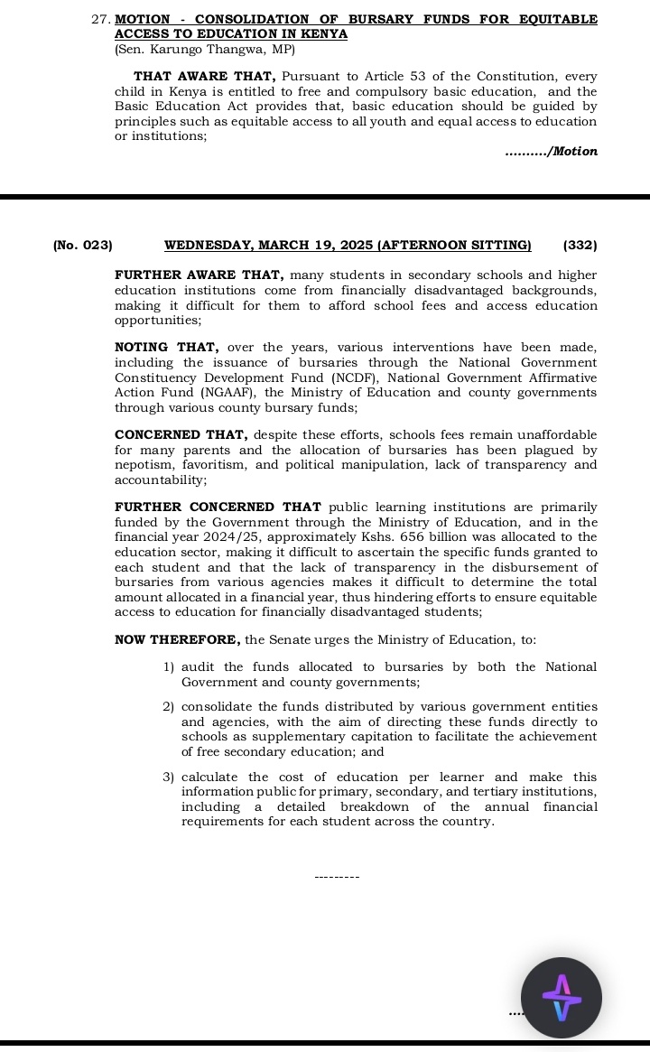 On Wednesday, Sen. Karungo wa Thangwa tabled a Motion in the Senate calling for the consolidation of all education funds and have them paid directly to schools as supplementary capitation therefore eliminating favoritsm, nepotism discrimination and political manipulation in
