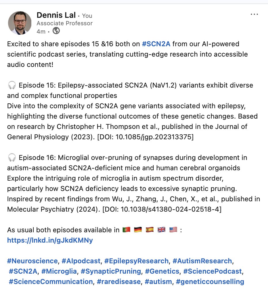 LalDennis's tweet photo. 🎧 New AI Podcast Episodes! Both on #SCN2A

Ep 15: Exploring SCN2A variant functional complexity.

Ep 16: Microglial over-pruning in SCN2A-deficient mouse &amp; organoid models.

https://t.co/JuItWjNa3W

#Neuroscience  #Epilepsy #Autism #AIpodcast #genetics #raredisease #GCchat https://t.co/d11Uoj493m