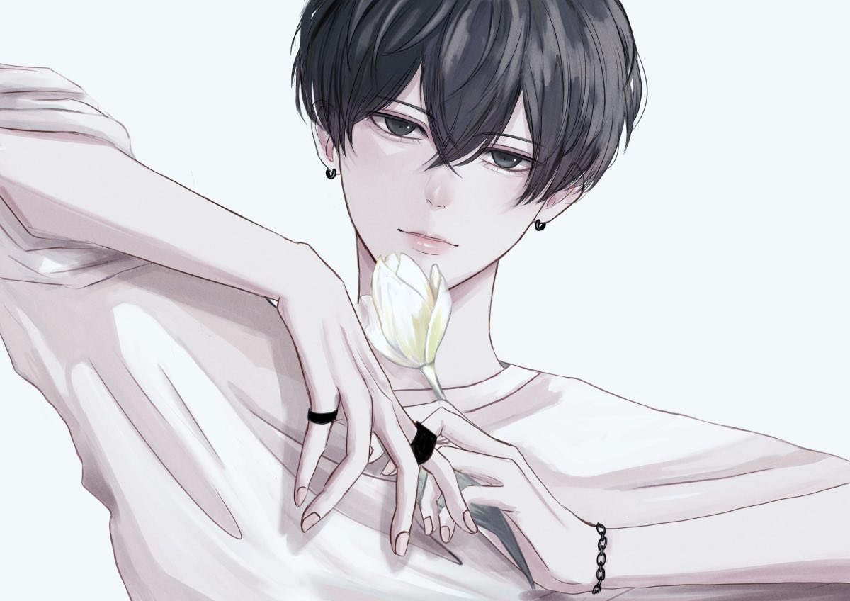 「#一次創作祭り春の陣2025お花と美青年を描くのが好きです黒とか白とか、青も描き」|rabbitのイラスト