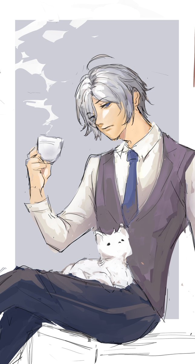 dante falzone is bad with mornings (๑°ㅁ°๑)

had to draw him drinking his morning coffee to wake up! featuring the little kitty from his route too!