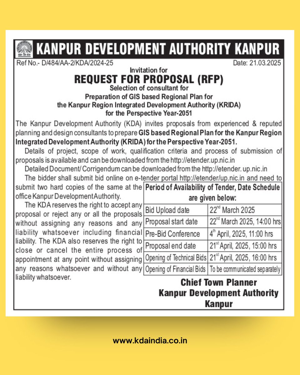 Kanpur Development Authority (KDA) RFP   
KDA invites proposals for the GIS-based Regional Plan for Kanpur Region Integrated Development Authority (KRIDA) - Perspective Year 2051. 📍🗺️  

#kda_kanpur #kdakanpur #RFP #GIS

Follow the KDA Community Channel: whatsapp.com/channel/0029Va…