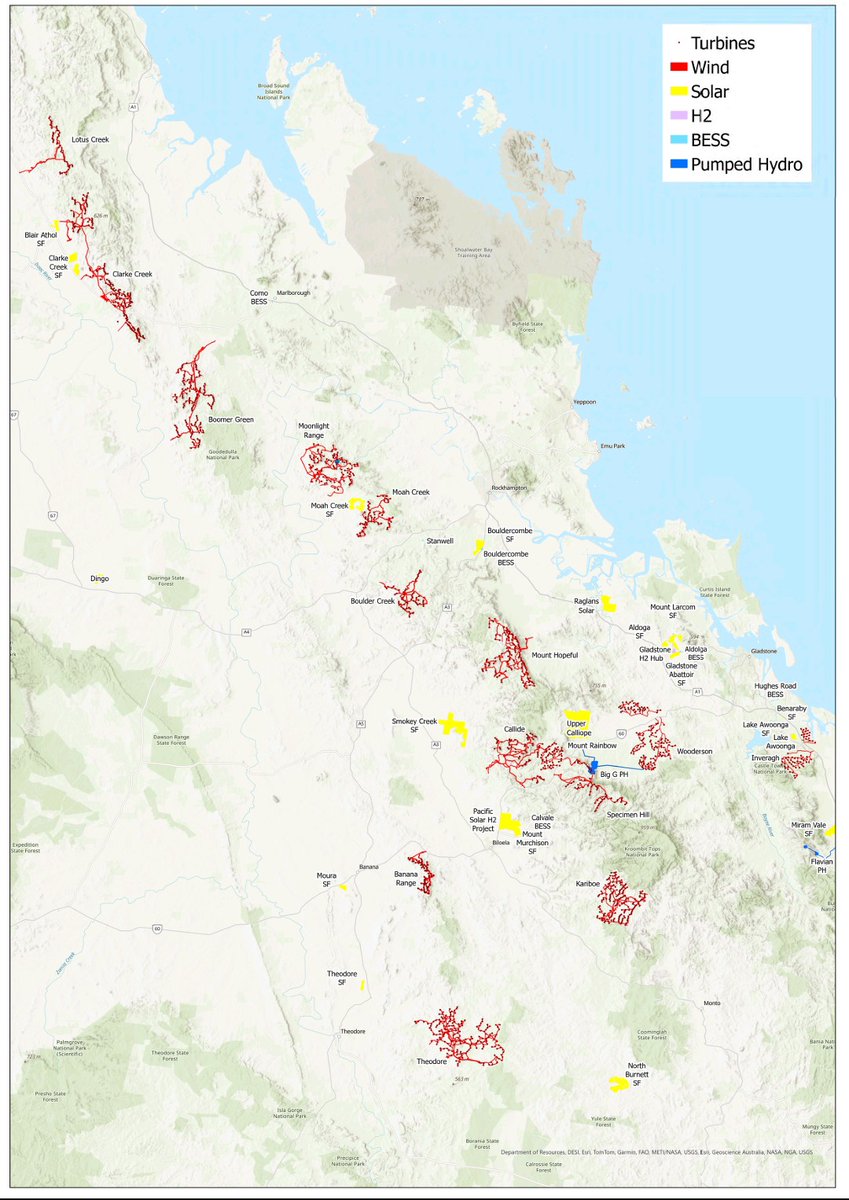 RainforestsAus's tweet image. What will happen to our koalas, gliders, bats and raptors? Latest mapping of proposed renewables, Gladstone to Rockhampton coastal region, Central Qld. Unprotected high elevation habitat set to cleared and fragmented for vast wind farms.