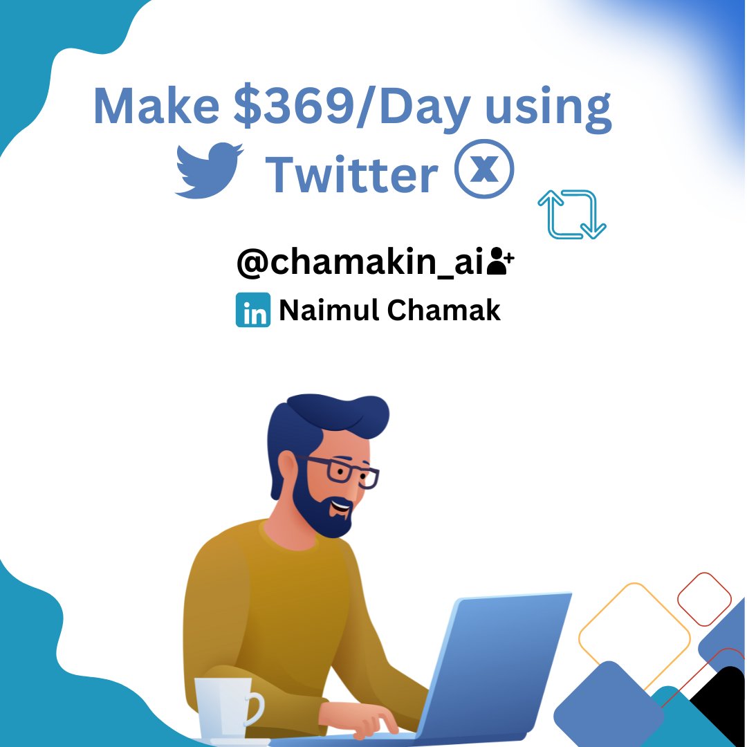 This is for lazy ambitious people ONLY!!

You can make $369/Day with Twitter.

All you need is:

📍Wi-Fi
📍Free time
📍A laptop or smartphone

I created a guide for you all how to make money from X )

To get It :

☑️Like &amp; Reply " DM "
🔃Repost It
 Follow <a href="/chamakin_ai/">Md Naimul Kadir</a> [MUST]