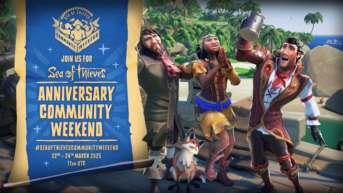 Season 15 Community Weekend is now live until March 24th (11am UTC)! Get your free flag and Golden Sailor Hull simply by setting sail, boost the Community Emissary Grade multiplier by watching Sea of Thieves on Twitch and more! Read on to find out what's happening. 🧵