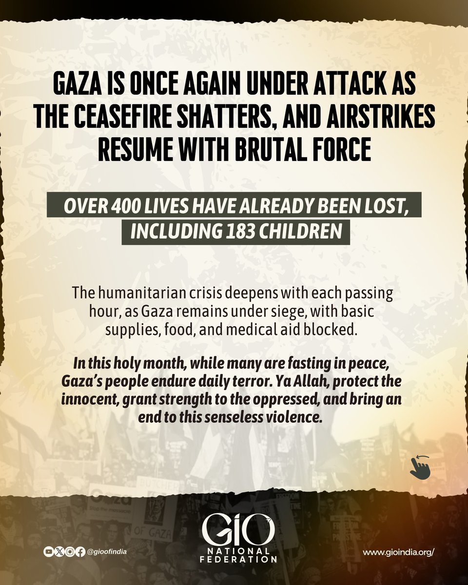 gioofindia's tweet photo. In this holy month, while many are fasting in peace, Gaza’s people endure daily terror. Ya Allah, protect the innocent, grant strength to the oppressed, and bring an end to this senseless violence. Ameen
#gio #gazaunderattack #gaza                    https://t.co/wNTKKzhu4P https://t.co/gIbB3MXltz