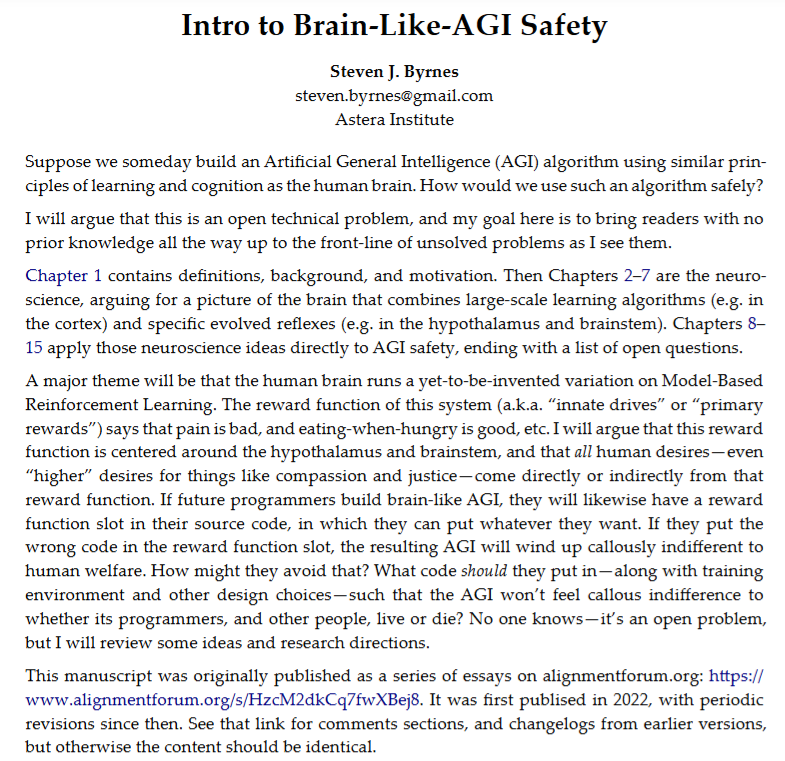 steve47285's tweet image. By popular demand, “Intro to brain-like AGI safety” is now also available as an easily citable & printable 200-page PDF preprint! Link & highlights in thread 🧵 1/13